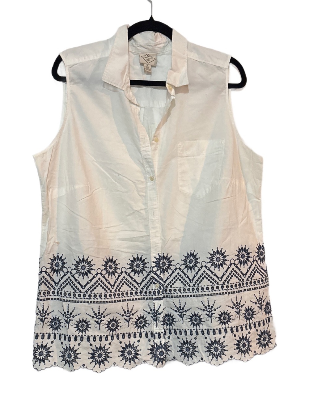 Sleeveless White Button-Up Top with Navy Embroidered Border